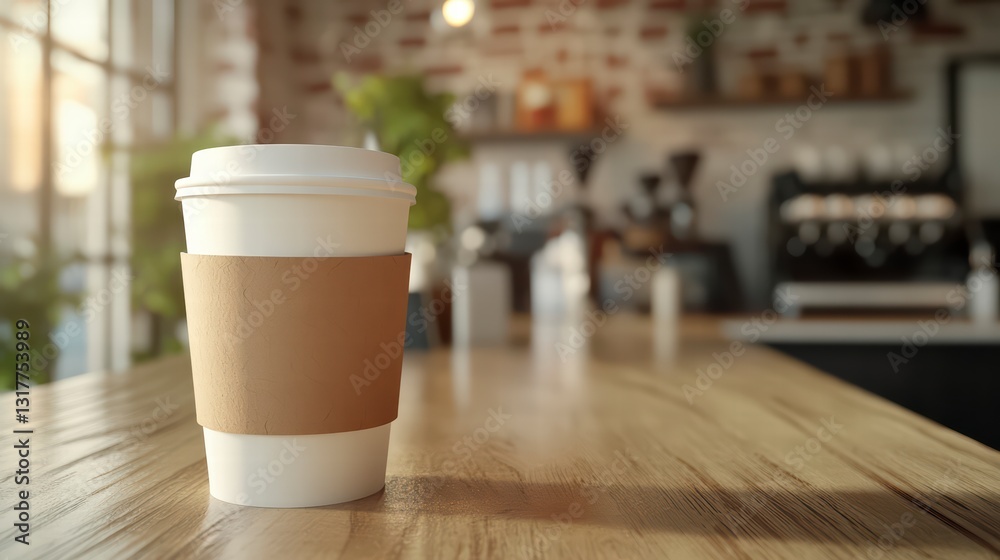 Morning Brew in Cafe: A steaming takeaway coffee cup sits atop a wooden counter, with a blurred cafe interior in the background, sun shining through the window. Morning Brew in Cafe: A steaming takeaway coffee cup sits atop a wooden counter, with a blurred cafe interior in the background, sun shining through the window.