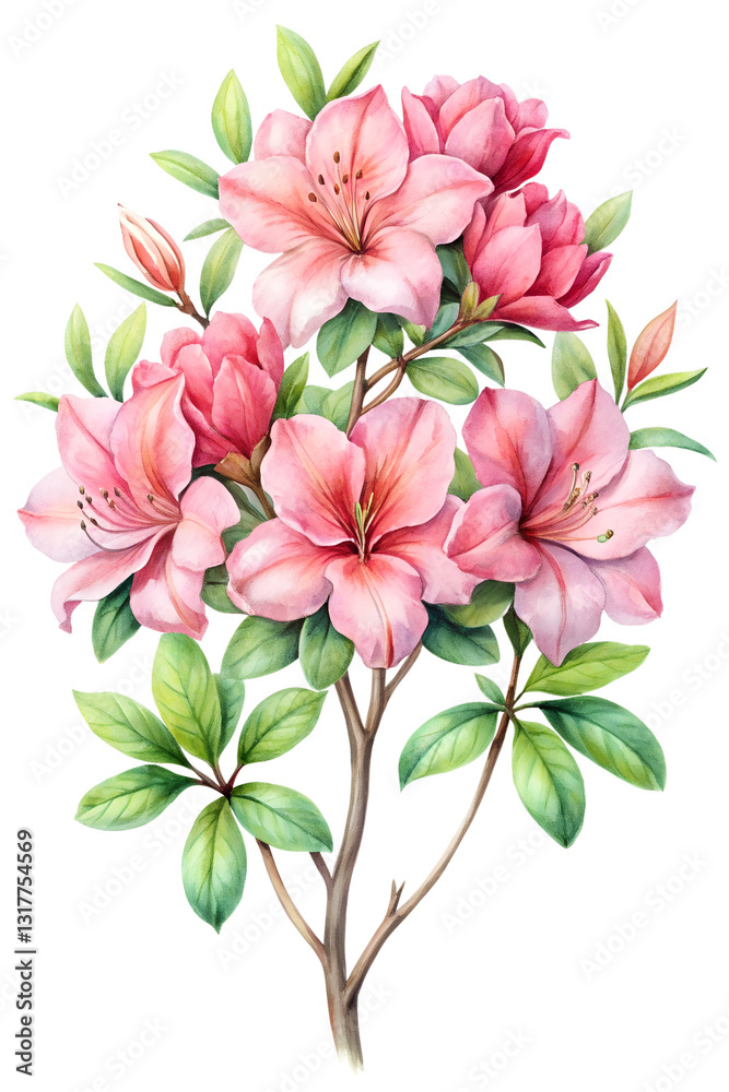 Obraz premium Elegant Watercolor Azalea in Full Bloom – Perfect for Floral Designs, Wedding Themes, and Nature-Inspired Projects on a White Background