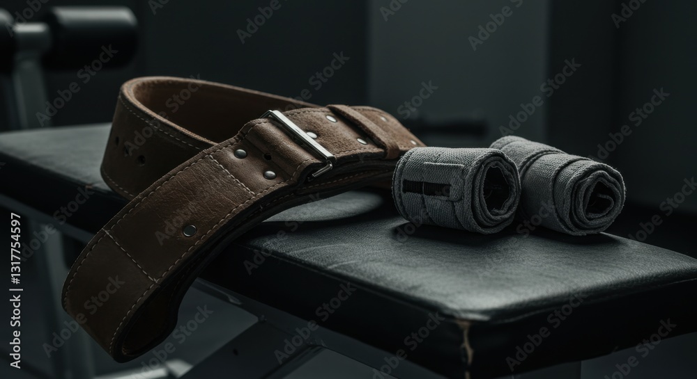 Weightlifting Belt and Wrist Wraps on Gym Bench Weightlifting Belt and Wrist Wraps on Gym Bench