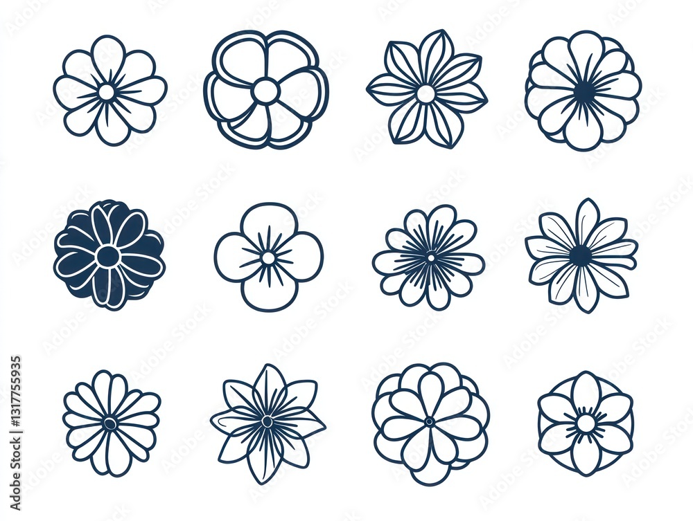 Twelve simple flower illustrations, white background, design element Twelve simple flower illustrations, white background, design element