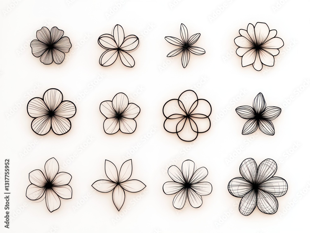 Obraz premium Twelve minimalist floral line art designs on white background; ideal for stationery