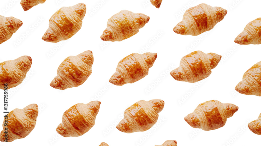 Freshly baked croissants with golden flaky layers, arranged elegantly, placed on a white background --ar 16:9 Freshly baked croissants with golden flaky layers, arranged elegantly, placed on a white background --ar 16:9