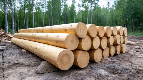 Pile of debarked logs in a forest clearing, ready for construction or further processing.