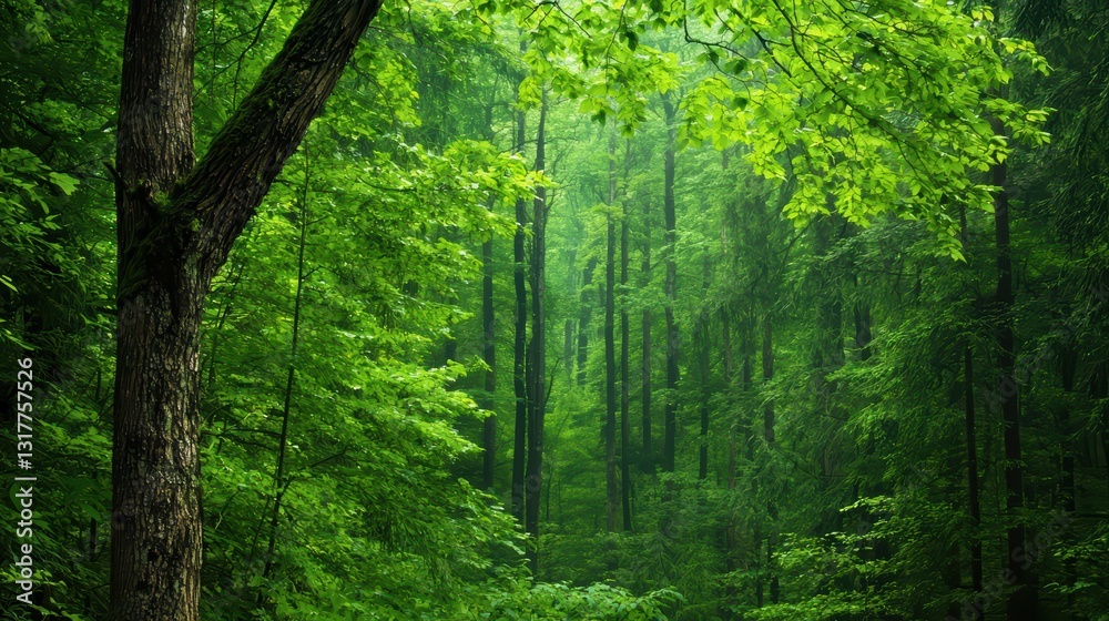 Fototapeta premium Lush Green Forest with Clean Air and Flourishing Flora for Environmental Awareness