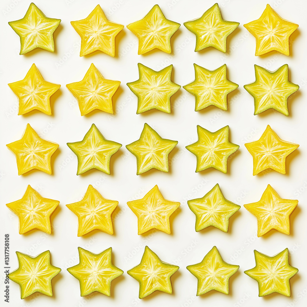 Seamless pattern of vibrant starfruit slices with bright yellow tones on a pure white background. Symmetrical design with subtle drop shadows adding depth and dimension. Seamless pattern of vibrant starfruit slices with bright yellow tones on a pure white background. Symmetrical design with subtle drop shadows adding depth and dimension.