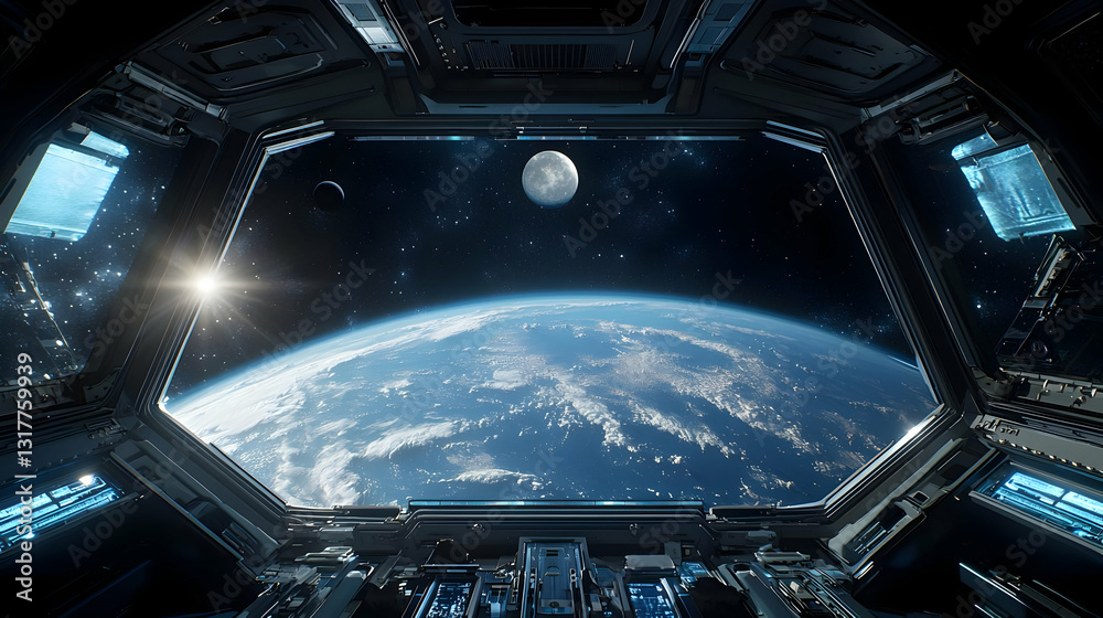 Obraz premium View Of Planet Earth And The Moon From A Spaceship Cockpit Window With Sunlight
