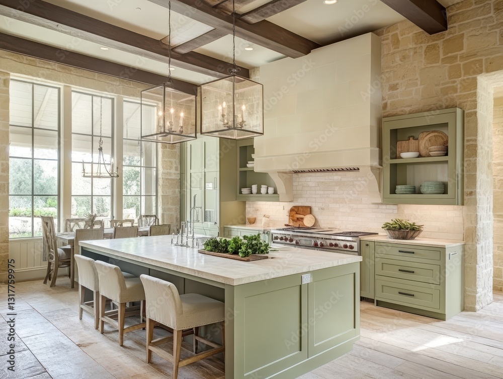 A spacious kitchen area features a central island and dining space A spacious kitchen area features a central island and dining space