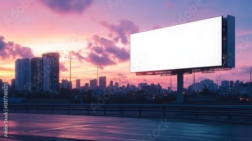 Skyline Billboard: An expansive billboard stands prominently against a picturesque urban skyline at dusk, offering a clean, blank canvas for advertisements under a vibrant gradient of colors.