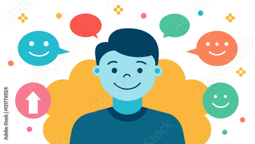 Positive Mindset An individual with a big smile surrounded by colorful thought bubbles containing words like growth opportunity and learning. This image promotes a positive