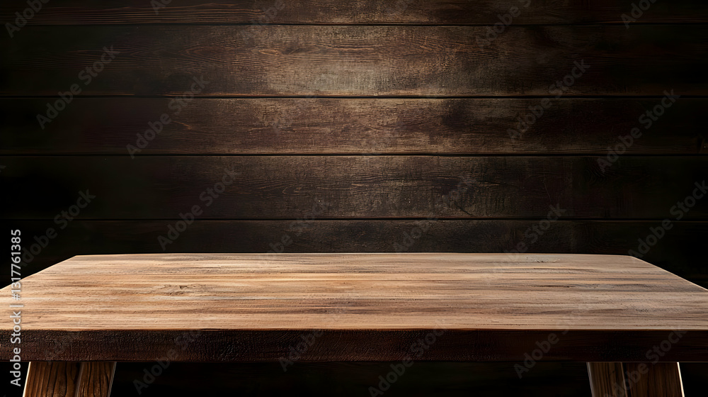 Rustic Wooden Table Top On Dark Moody Grunge Textured Background With Empty Copy Space For Product Display In Vintage Style Rustic Wooden Table Top On Dark Moody Grunge Textured Background With Empty Copy Space For Product Display In Vintage Style