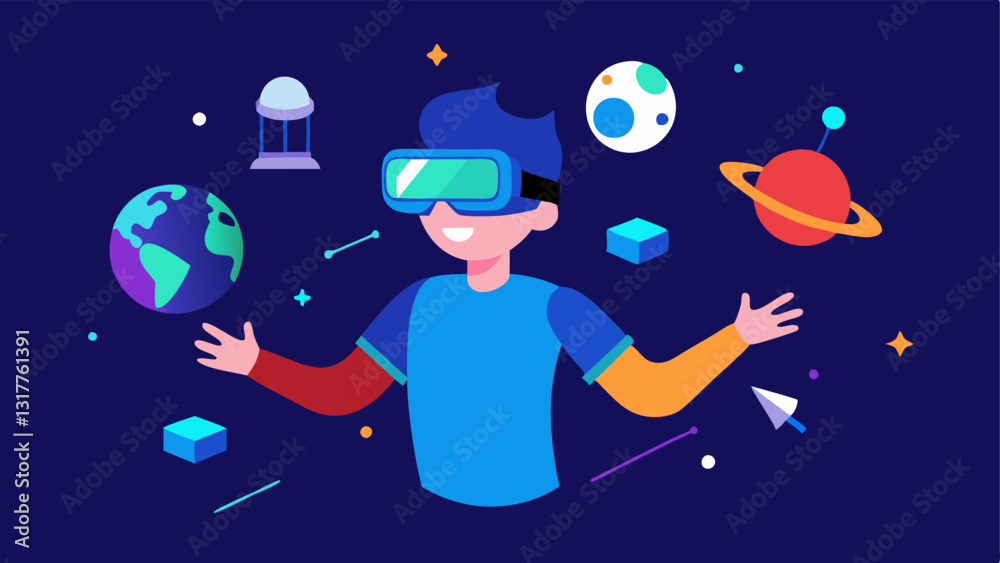 Naklejka premium These descriptions can be used as inspiration for creating vector illustrations that depict the exciting world of VR in entertainment.