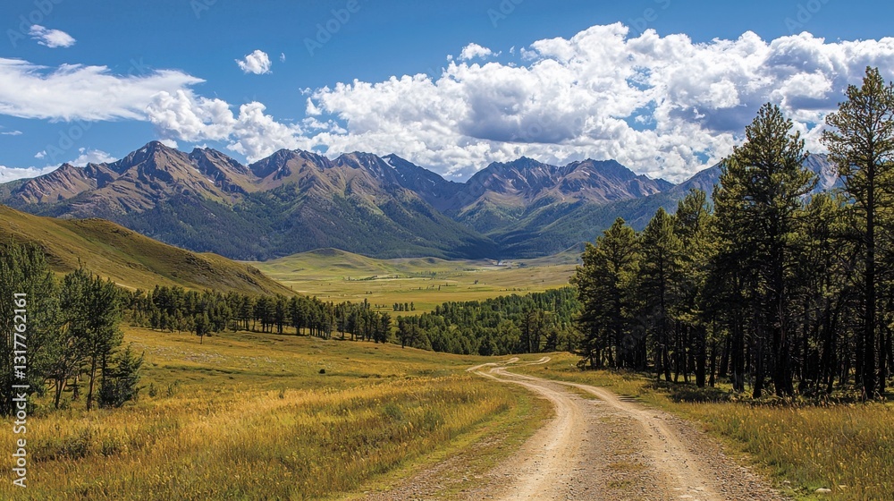 Naklejka premium A winding dirt road leads through a picturesque valley, offering stunning views of majestic mountains under a partly cloudy sky. 