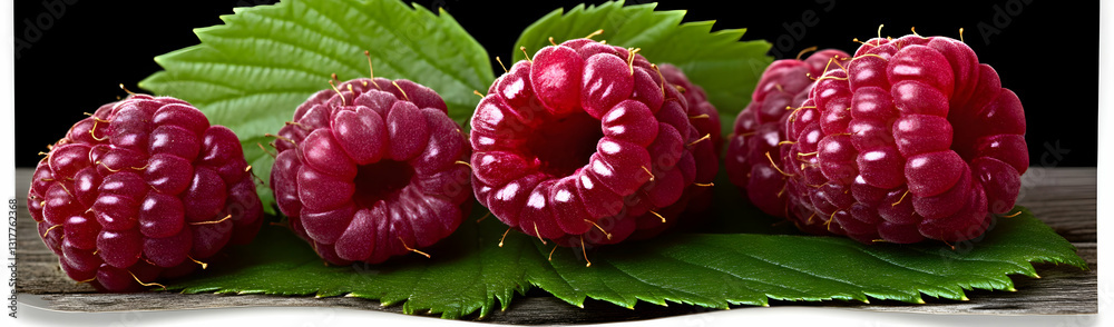 Fototapeta premium Ripe raspberries on leaf, wood background. Food image