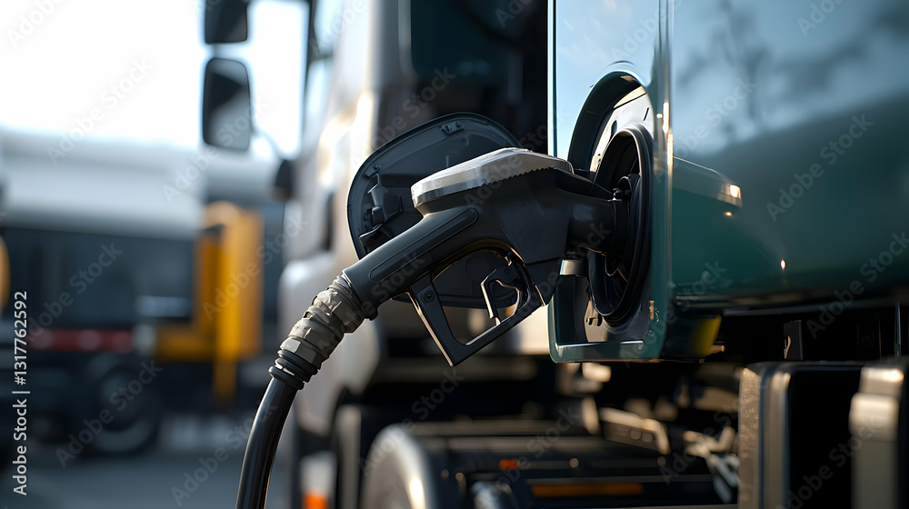 Close Up View of Fuel Nozzle Filling a Green Semi-Truck at a Refueling Station on a Bright Day Illuminating Fuel Efficiency in the Transportation Close Up View of Fuel Nozzle Filling a Green Semi-Truck at a Refueling Station on a Bright Day Illuminating Fuel Efficiency in the Transportation