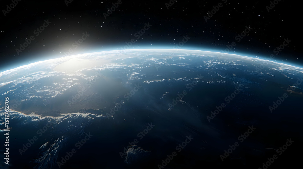 Fototapeta premium Earth View From Space Showing Blue Planet Surface with Atmospheric Glow and Bright Sunrise in Dark Sky