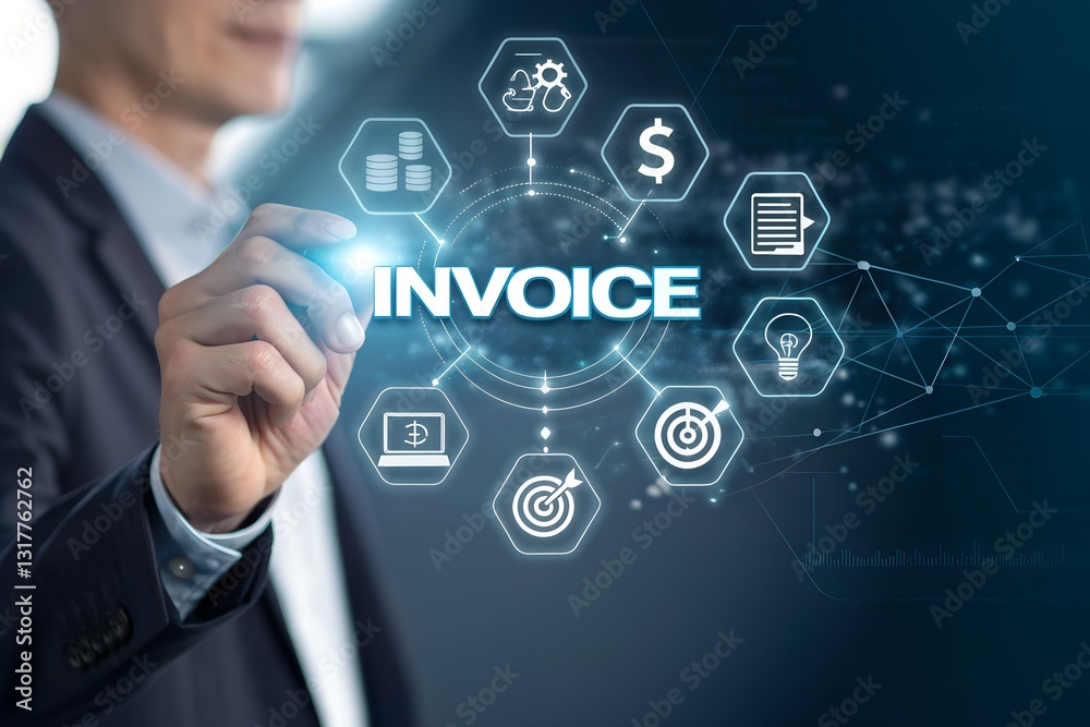 E-Invoice and online digital statements concept. Businessman working with invoice, financial icons, billing, payment processing, scheduling, tax management, modern e-invoicing, financial technology E-Invoice and online digital statements concept. Businessman working with invoice, financial icons, billing, payment processing, scheduling, tax management, modern e-invoicing, financial technology