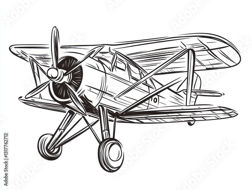 Vintage biplane sketch, isolated, aviation history, travel