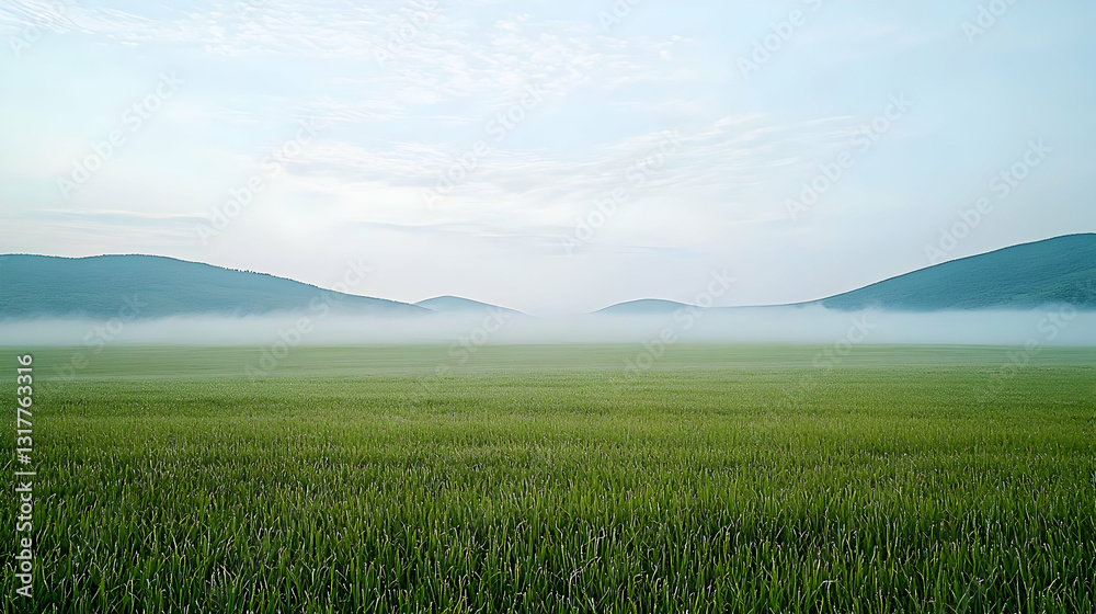 Fototapeta premium Misty Green Field with Rolling Hills at Dawn under a Serene Sky