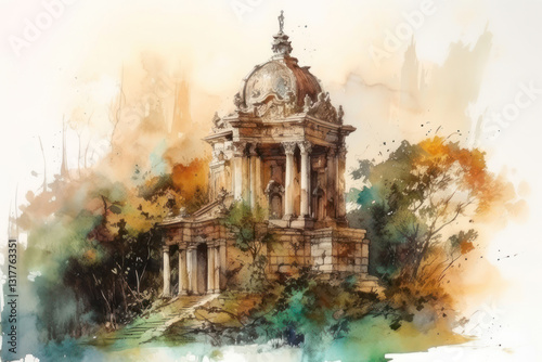 building in an ancient park, watercolor on a white background,.Generative AI