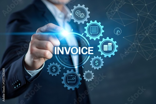 E-Invoice and online digital statements concept. Businessman working with invoice, financial icons, billing, payment processing, scheduling, tax management, modern e-invoicing, financial technology