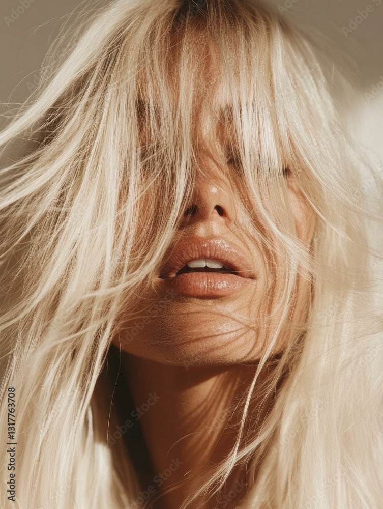 Close-Up Portrait of Blonde Woman with Sunlit Tousled Hair and natural summer makeup - Wellness Spa Skincare Haircare Aesthetic Content for Instagram, Pinterest, Social Media Marketing