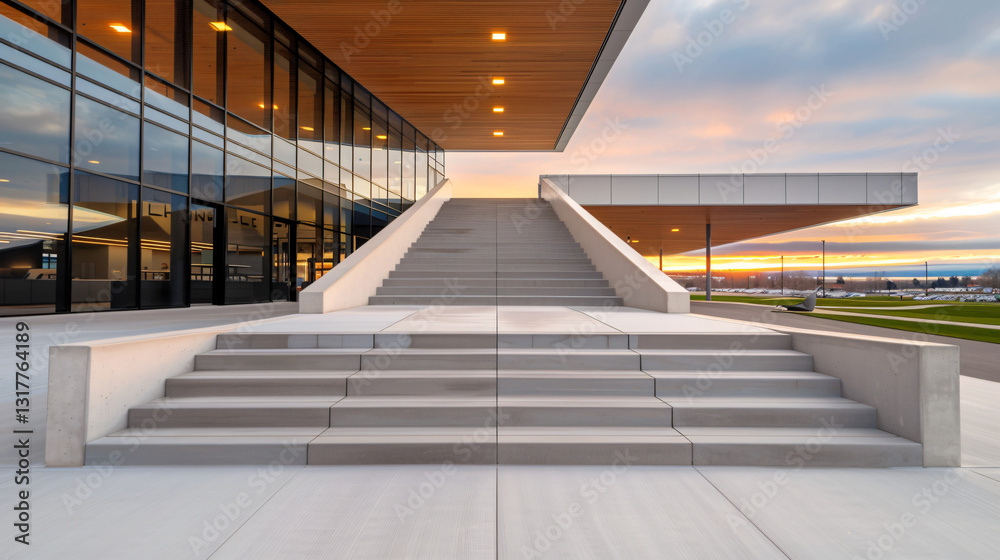 Fototapeta premium Ascending Towards the Sunset Architectural Majesty of a Modern Building's Grand Staircase at