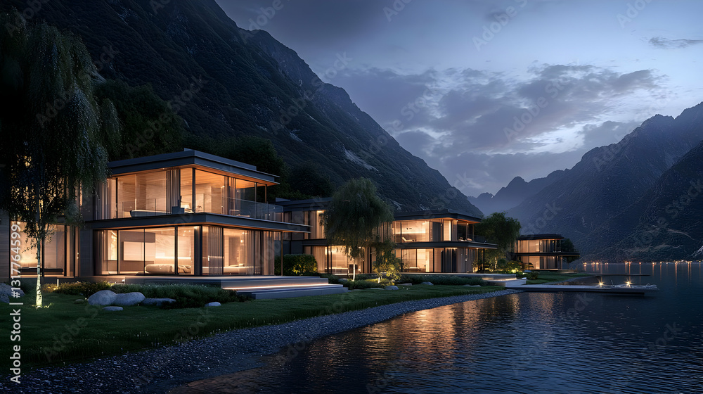 Fototapeta premium Modern Lakeside Residences At Twilight Illuminated Reflections On Calm Water Surface And Mountains Background