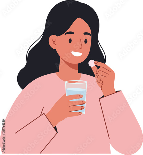 Woman with long black hair holding a glass of water while taking a pill, in a minimal flat vector illustration style showcasing health and wellness themes