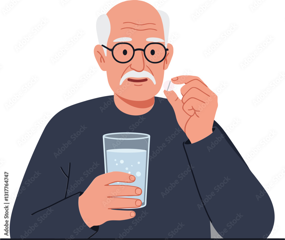 Elderly man holding a glass of water while preparing to take a pill in a flat vector illustration