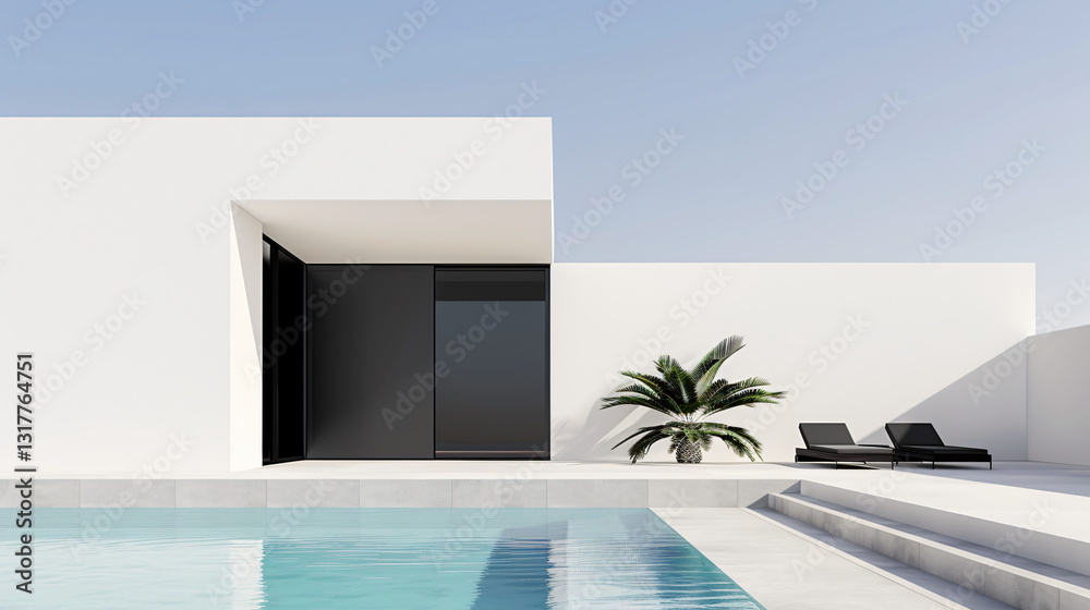 Fototapeta premium Minimalist Modern Oasis A Serene Architectural Design Featuring a Pristine White Structure,