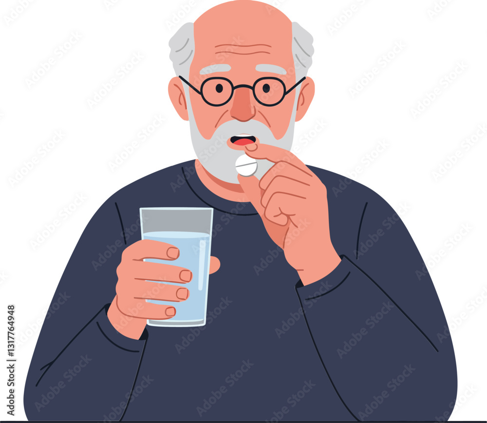 Elderly man taking medication with a glass of water in a flat and minimal vector illustration style, conveying a sense of health and care in daily life vector art