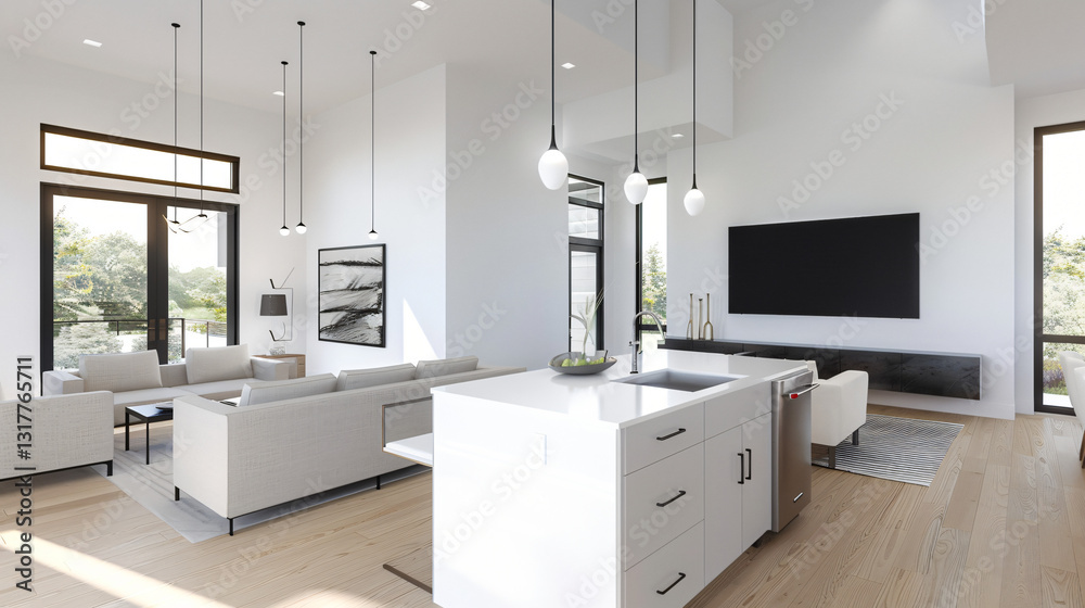 Modern Minimalist Open Plan Living Space with Sleek Kitchen Island and Expansive Window Views, Modern Minimalist Open Plan Living Space with Sleek Kitchen Island and Expansive Window Views,