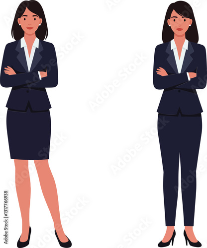 Professional businesswoman in two outfits standing confidently in a flat design style, showcasing modern fashion and professionalism in vector illustration