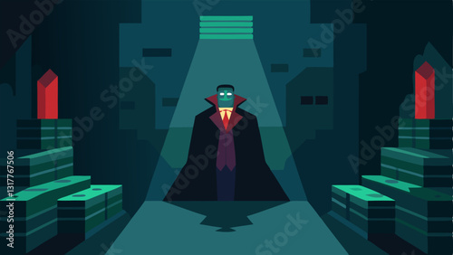 The Hidden Room A secretive underground lair with the crime boss in the center surrounded by stacks of cash dark shadows accentuating the atmosphere.