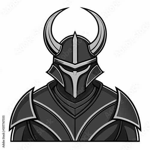a strong black knight character with a helmet and horns, ready for battle. The knight stands tall and confident, an emblem of strength, vector illustration