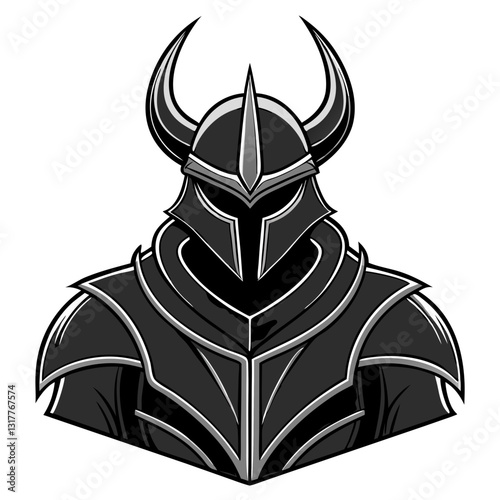 a strong warrior wearing a detailed suit of armor with a horned helmet, exuding power and intimidation, vector illustration