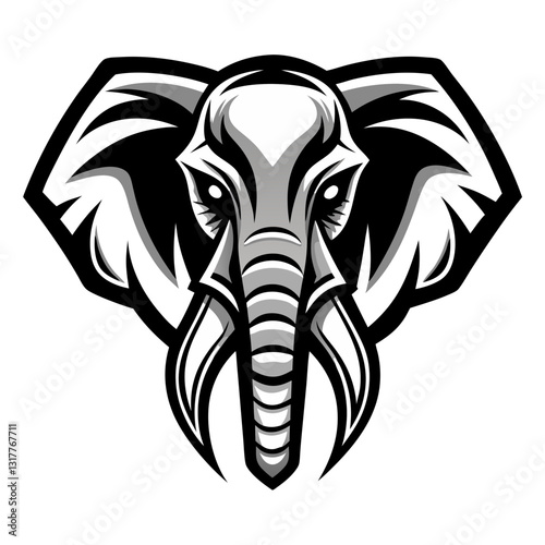 a graphic vector illustration of an elephant, a bold, striking design in grayscale, with the focus on the animal's face