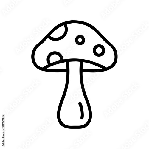 a black and white line art mushroom with spots on the cap and a thick stem. It is simple and clean, vector icon illustration