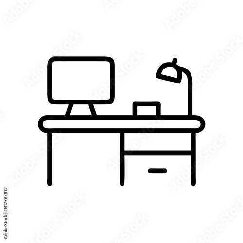 an office desk with a computer, lamp and supplies, vector icon illustration