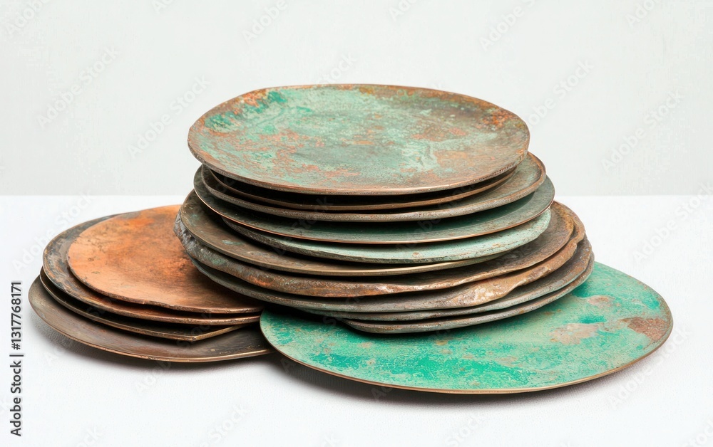 Rustic Copper and Teal Patina Plates Stacked on White Surface Rustic Copper and Teal Patina Plates Stacked on White Surface
