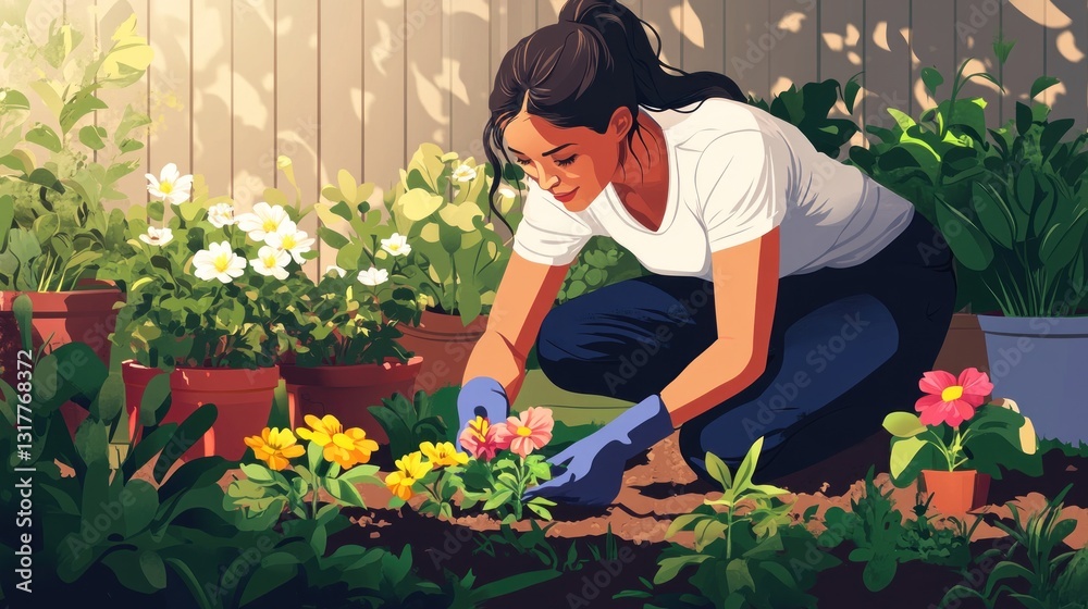 Fototapeta premium Gardening Joy: A Woman Tending to Vibrant Flowers in a Serene Garden Setting