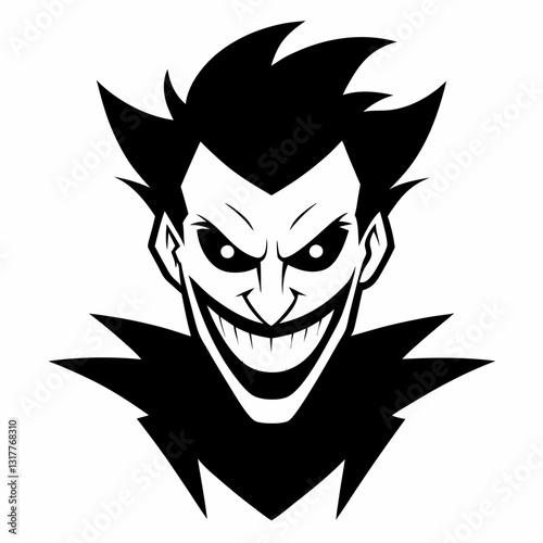 a cartoon image of a smiling villain with a maniacal grin and intense eyes, perfect for representing chaos or mischief, vector illustration
