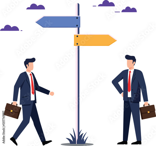 Two businessmen in suits discussing directions beside a signpost in a flat, minimal vector illustration