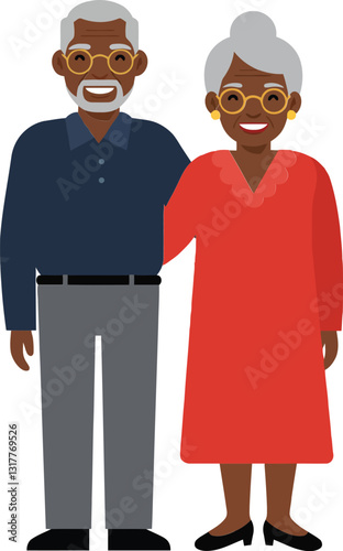 A joyful elderly couple standing together, smiling warmly in a minimalistic design style, showcasing love and companionship in vector illustration