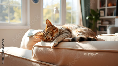 Cat sleeps on sofa's seatback in sunny living room photo