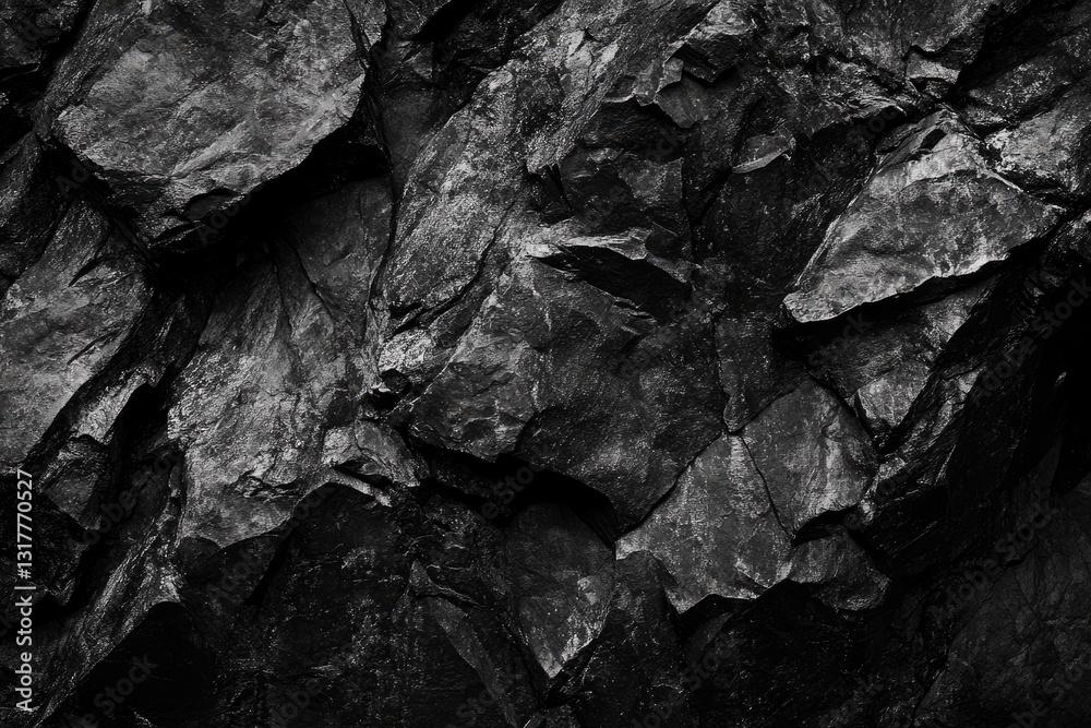Dark, rugged rock face texture. Close-up view of a rough, uneven surface of black stone. Intricate patterns and shapes of the rock formations are clearly visible Dark, rugged rock face texture. Close-up view of a rough, uneven surface of black stone. Intricate patterns and shapes of the rock formations are clearly visible