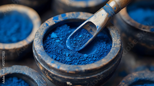 Artisan Indigo Pigment in Rustic Bowls with Small Wooden Scoop Display