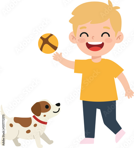 A joyful child playing with a lively dog while tossing a ball in a flat cartoon style vector illustration