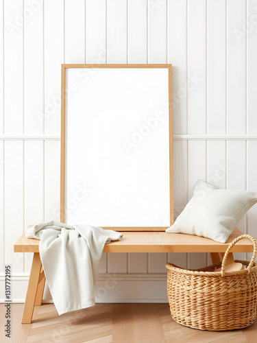 Empty vertical portrait A2 thin wooden frame mockups with linen cloth on bench. White beadboard wainscot wall paneling background. Straw French basket, linen pillow cushion. Scandinavian interior home