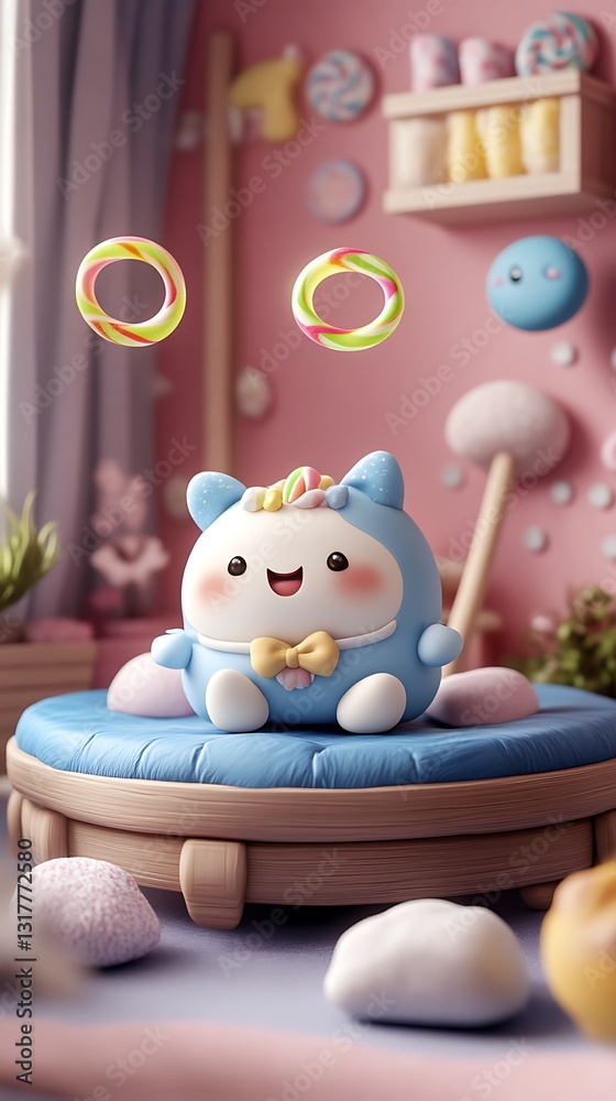 Obraz premium Cute animated creature sitting on a blue cushion smiling happily